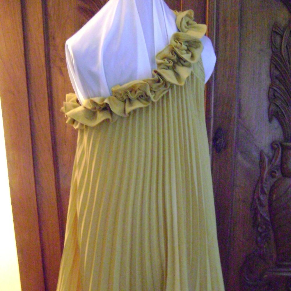 BCBGMaxAzria Gold Pleated One Shoulder Dress, size Small